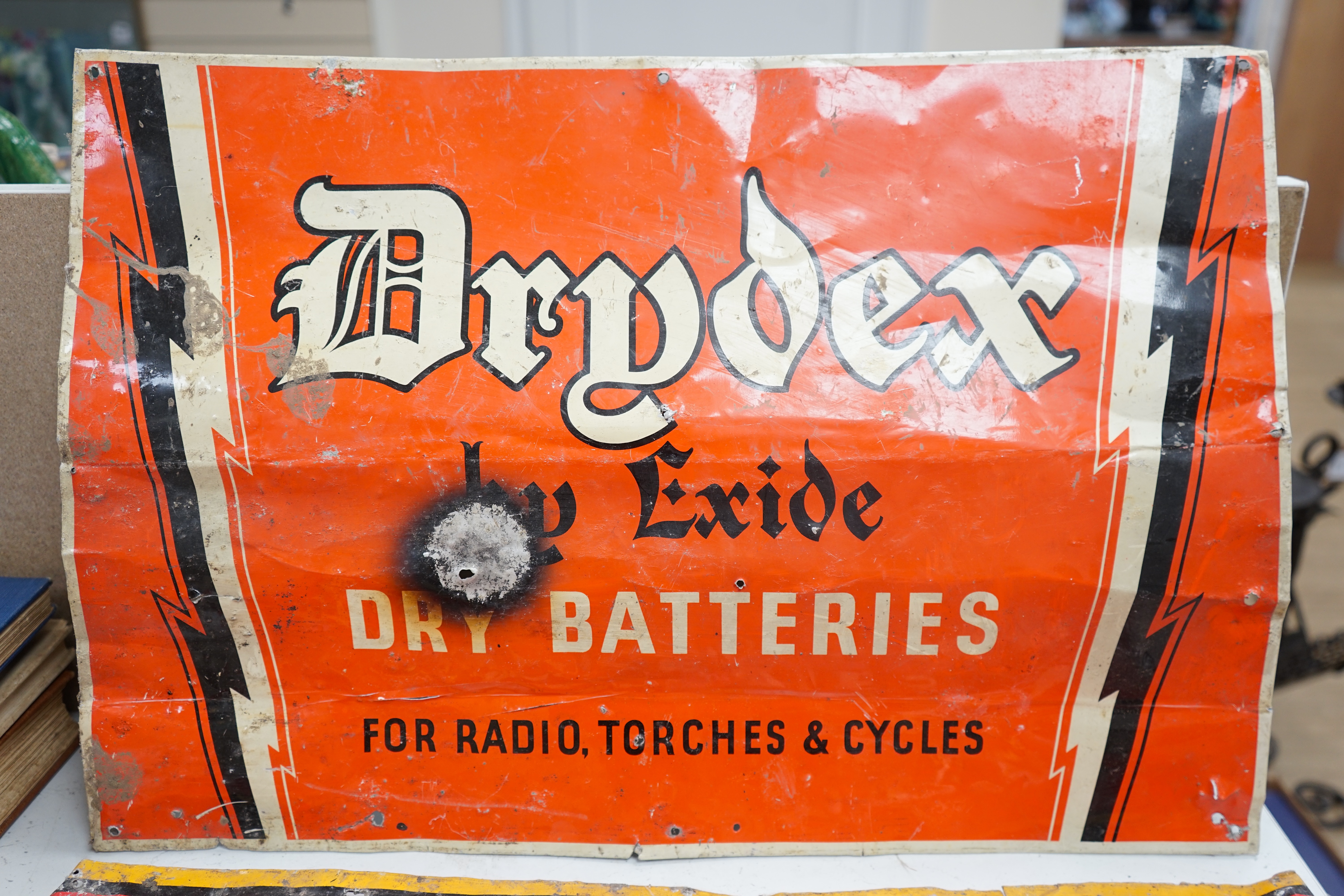 Two advertising enamel signs Drydex and Exide batteries, Exide sign 62cm x 43cm. Condition - poor